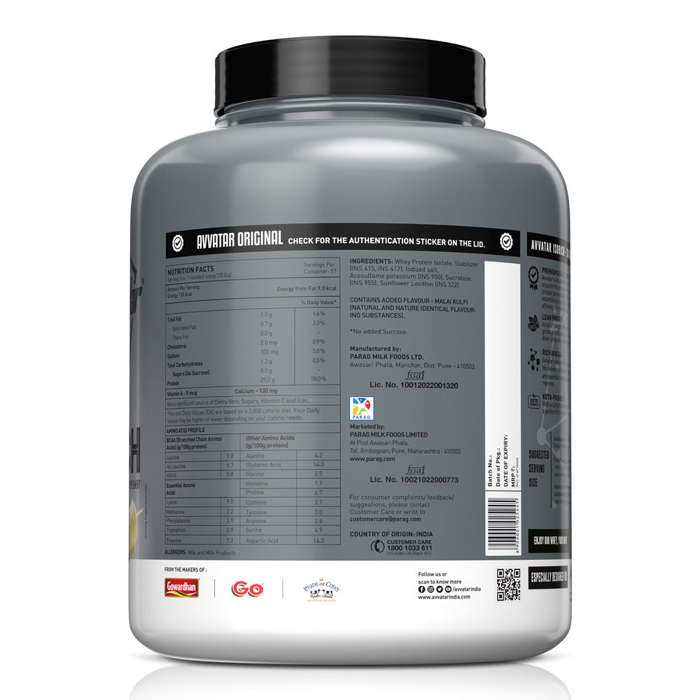 Avvatar Isorich Protein 2 Kg – Malai Kulfi Flavour Whey Protein for Muscle Growth & Recovery