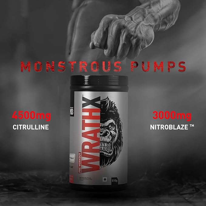 MuscleBlaze WrathX Pre-Workout 510g (Fruit Fury) – Creapure, Nitroblaze & BioPerine for Energy, Focus & Muscle Pump