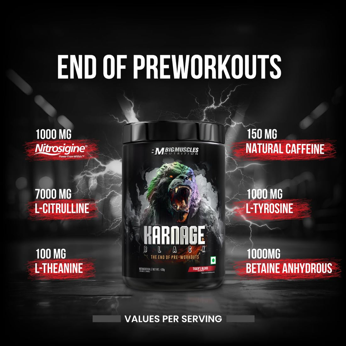 BigMuscles Nutrition Karnage Black Pre-Workout 420g – Energy, Focus & Extreme Pump (Sex On The Beach Flavor)