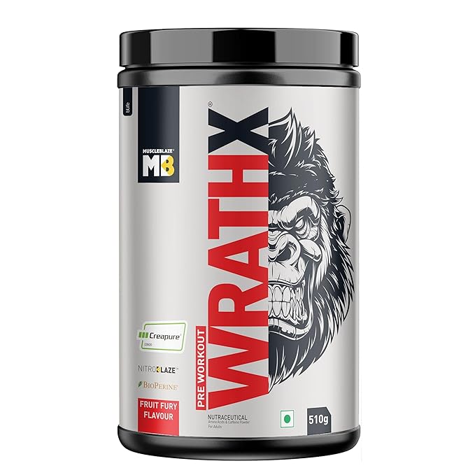 MuscleBlaze WrathX Pre-Workout 510g (Fruit Fury) – Creapure, Nitroblaze & BioPerine for Energy, Focus & Muscle Pump