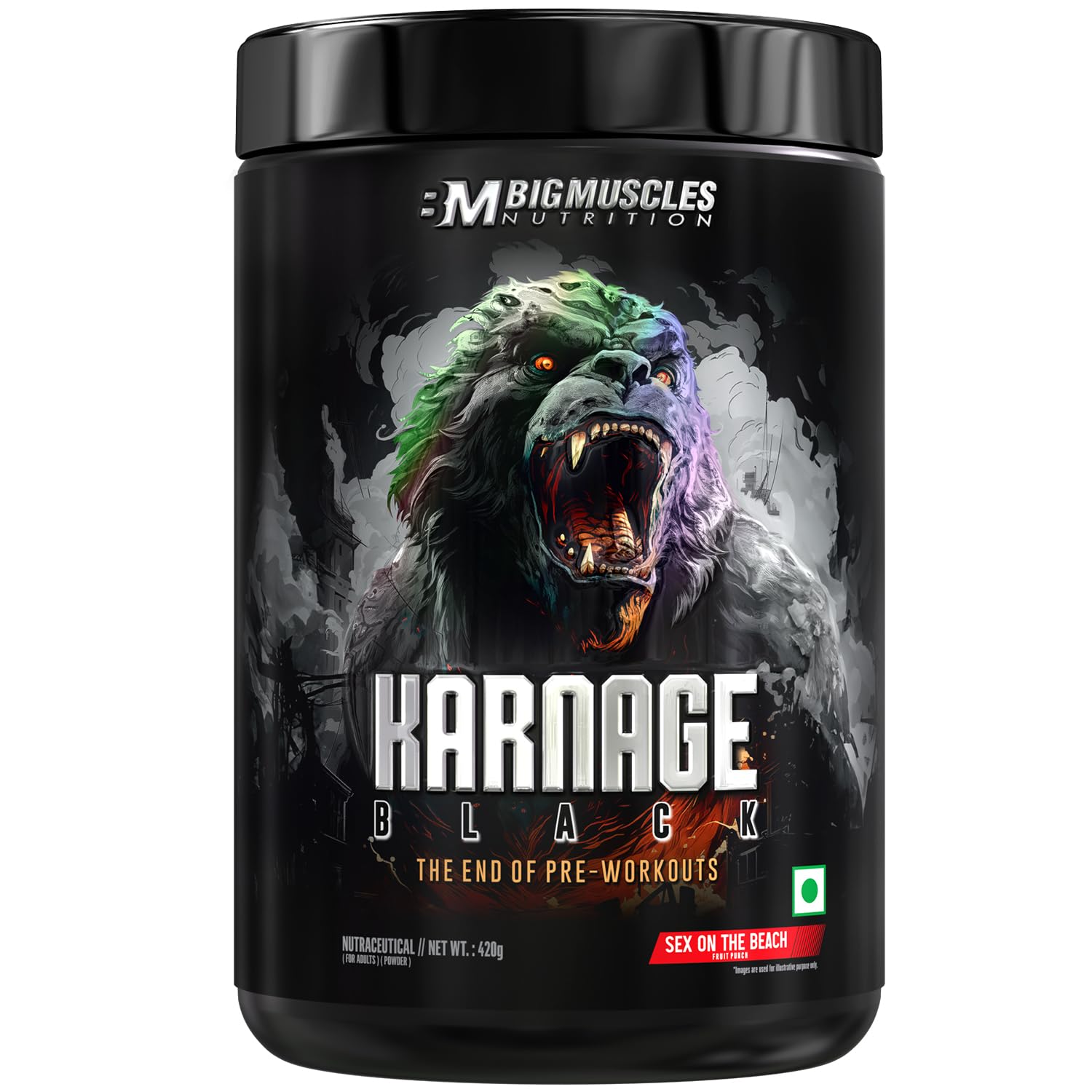 BigMuscles Nutrition Karnage Black Pre-Workout 420g – Energy, Focus & Extreme Pump (Sex On The Beach Flavor)