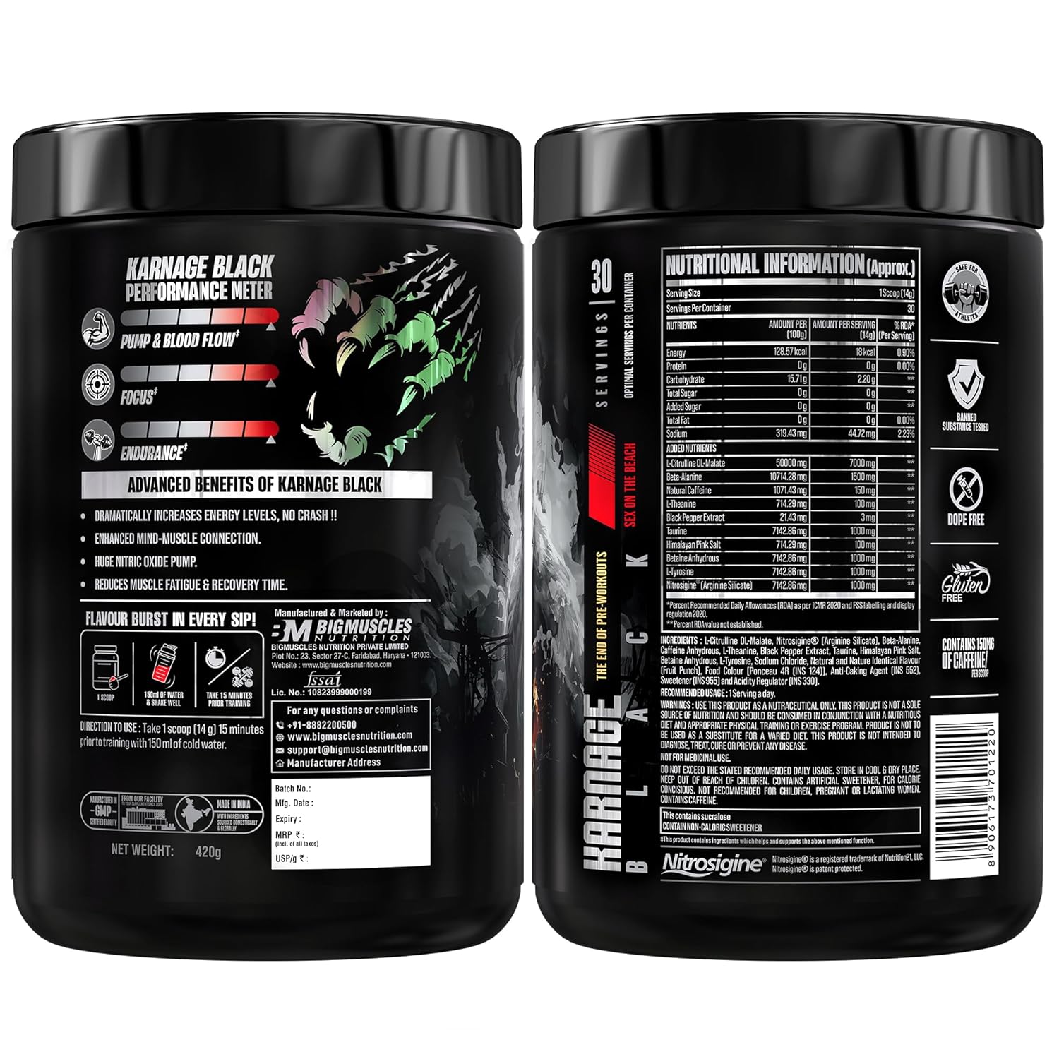 BigMuscles Nutrition Karnage Black Pre-Workout 420g – Energy, Focus & Extreme Pump (Sex On The Beach Flavor)