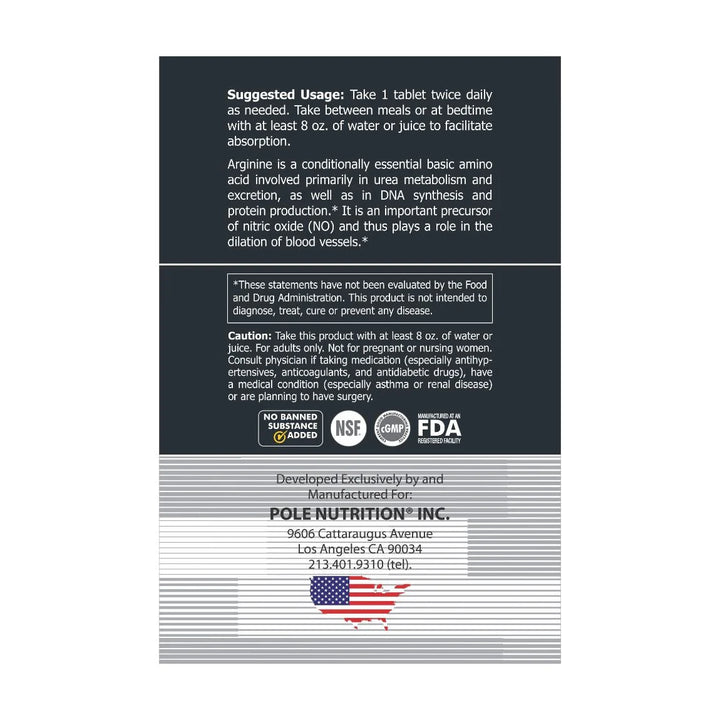 Pole Nutrition L-Arginine 1000mg Tablets – Nitric Oxide Booster for Muscle Pump, Blood Flow & Workout Performance (90 Tabs)