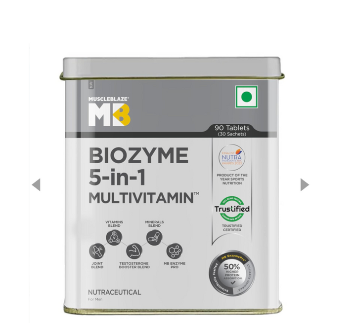 MuscleBlaze Biozyme 5-in-1 Multivitamin – 90 Tablets | Energy, Immunity & Muscle Support