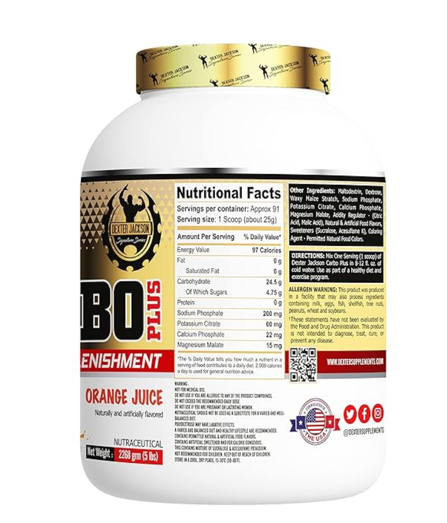 Dexter Jackson Carbo Plus – Fast Acting Carbohydrate Powder for Glycogen Replenishment & Recovery | Orange Juice Flavor | 2.268kg (5 lbs)