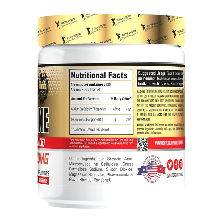 Dexter Jackson L-Arginine 1000 mg Tablets – Nitric Oxide Booster for Muscle Pump, Blood Flow & Workout Performance (180 Tablets)