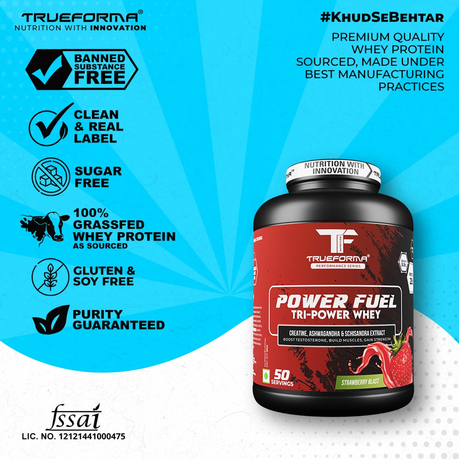 Trueforma® Power Fuel Whey Protein with Creatine & Ashwagandha – Muscle Growth, Strength & Recovery Supplement