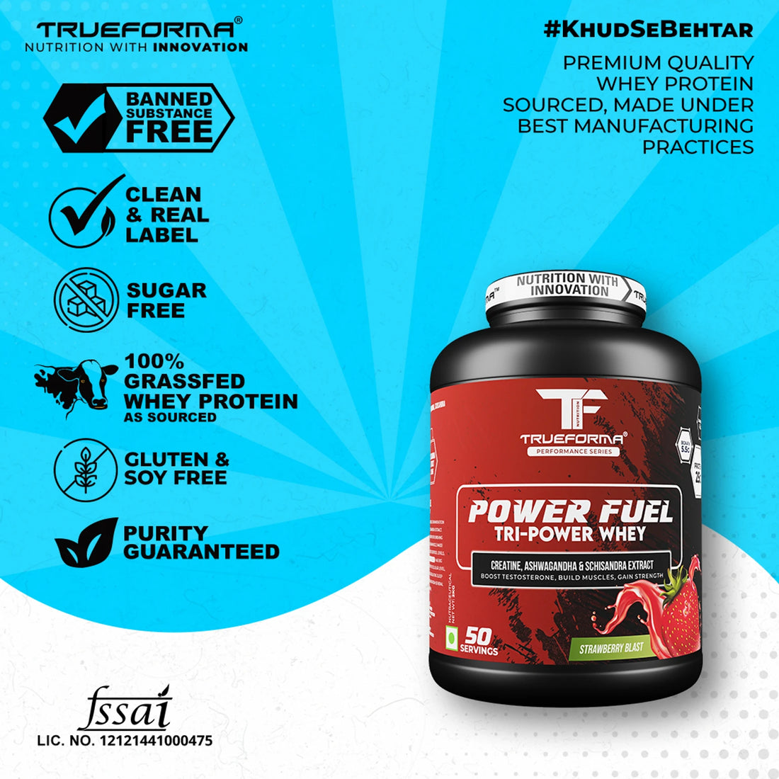 Trueforma® Power Fuel Whey Protein with Creatine & Ashwagandha – Muscle Growth, Strength & Recovery Supplement
