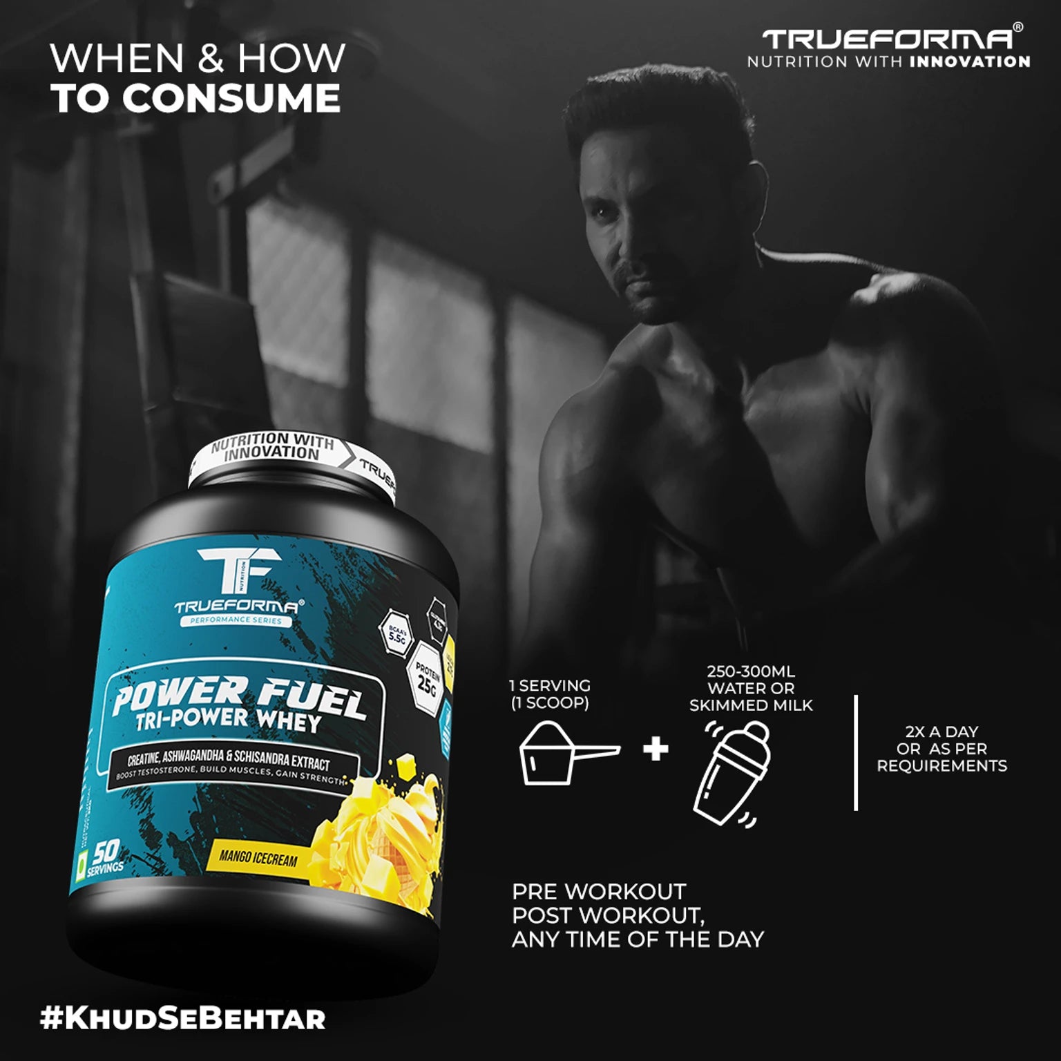 Trueforma® Power Fuel Whey Protein with Creatine & Ashwagandha – Muscle Growth, Strength & Recovery Supplement