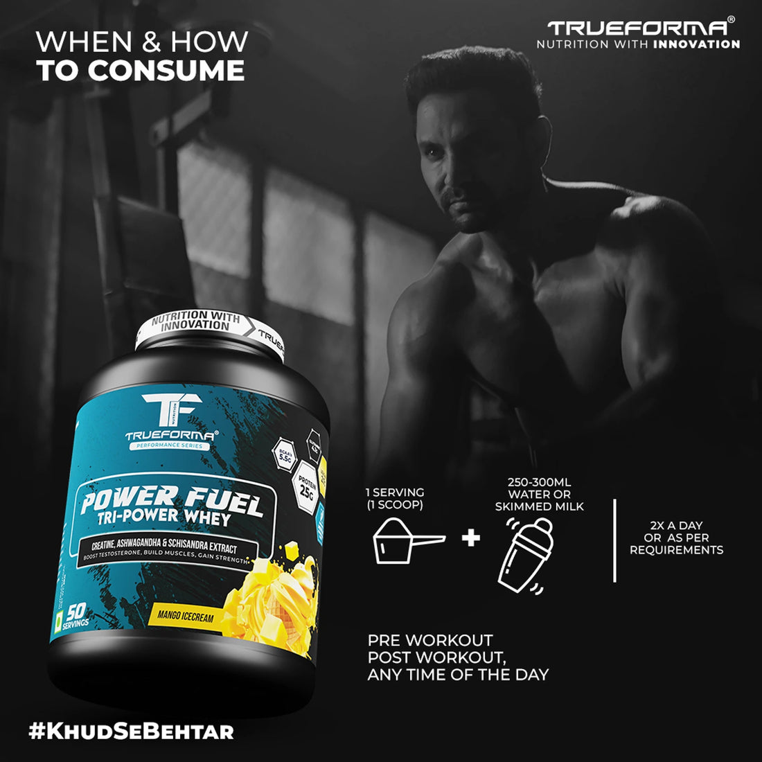 Trueforma® Power Fuel Whey Protein with Creatine & Ashwagandha – Muscle Growth, Strength & Recovery Supplement